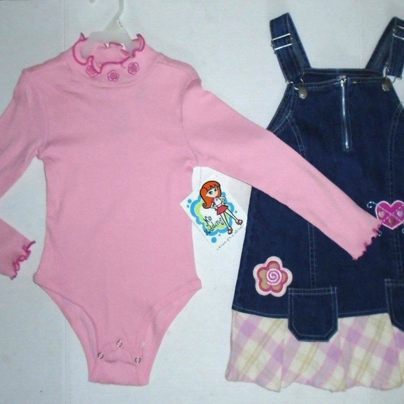 2 Pc Pink Bodysuit & Overalls Blue Denim Dress Set - Picture 5 of 6